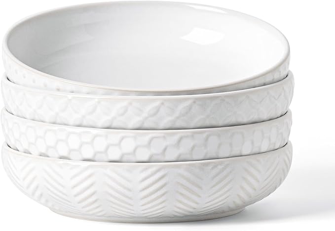 Embossed Ceramic Pasta Bowls Set of 4 – Medium 7.5-Inch, 26oz Serving Bowls for Pasta, Salad, Fruit – Stackable, Microwave & Dishwasher Safe – Great Gift for Housewarming or Everyday Use