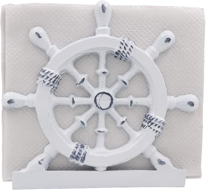THDC Nautical Napkin Holder, Lunch, Dinner, Nautical Collection Napkin Holder, Made of Metal (Wheel Distressed White)