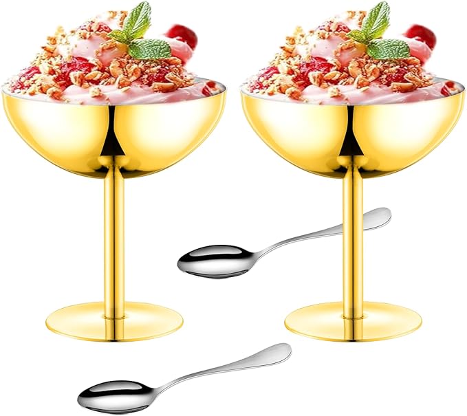 Ice Cream Bowls Stainless Steel Dessert Cups with Spoons Reusable Footed Sundae Cups Ice Cream Cups for Dessert, Frozen Yogurt, Gelato, Birthday Party Decorations (2, Glod)