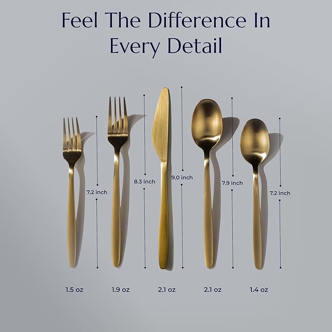 JazzUpCo Tia Flatware non toxic 18/10 stainless steel dishwasher safe (Matte Gold, 16 Person Set (80 Pieces))