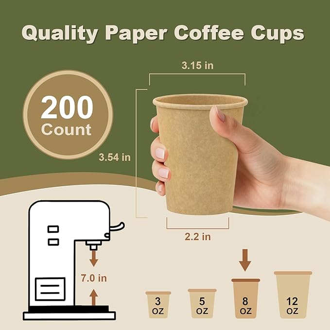 8 oz 200 Pack Disposable Coffee Cups, Bulk Brown Disposable Paper Cups, Coffee Cups for Hot Tea, Chocolate and Cold Drinks