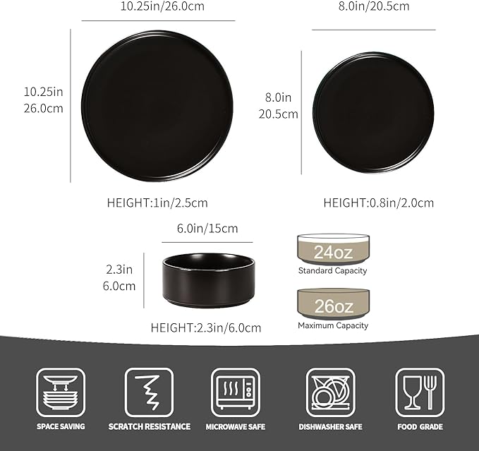GZG Classic Series - Plates and Bowls Set for 6, 18 Piece Stoneware Dinnerware Sets, Microwave and Dishwasher Safe Lead-Free Handcrafted Ceramic Dishes Set - Matte Black