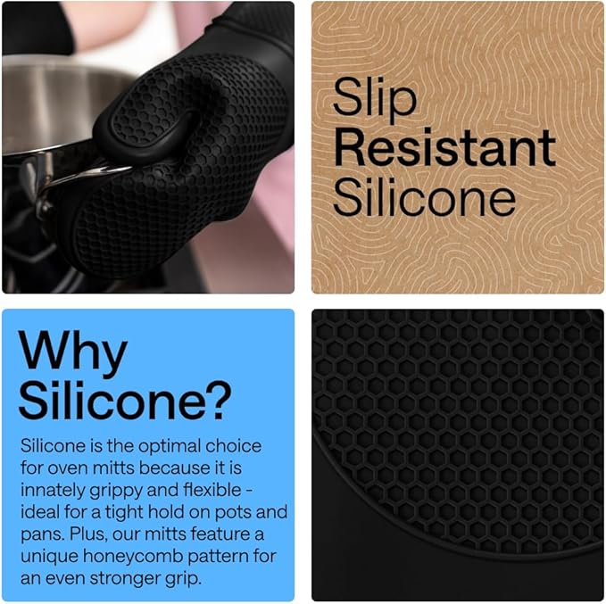 GORILLA GRIP BPA-Free Soft Silicone Oven Mitts, Heat Resistant and Waterproof Cooking Safety Gloves, Thick Cotton Lining, Flexible Gripping, Kitchen Potholders Set, for Grilling, BBQ, 12.5x8.3, Black