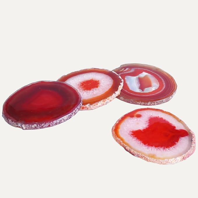 Natural Agate Coasters Set of 4 - Dyed Red Irregular Circle Stone Drink Coasters with Rubber Red 4-5" Unique Home Decor