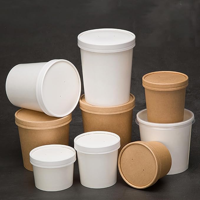 100 Pack 4 oz Disposable Soup Containers with Vented Lids, Kraft Soup Bowls Ice Cream Cups, White Paper Food Containers Microwavable and Freezer Safe for Hot Soup, Ice Cream (100 Pcs - White, 4 oz)