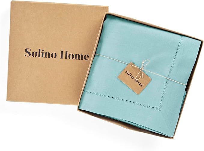 Solino Home Linen Aqua Blue Tablecloth 54 x 72 Inch - Classic Hemstitch, 100% Pure Linen Rectangular Tablecloth - Machine Washable Table Cloth for Winter, Spring, Easter