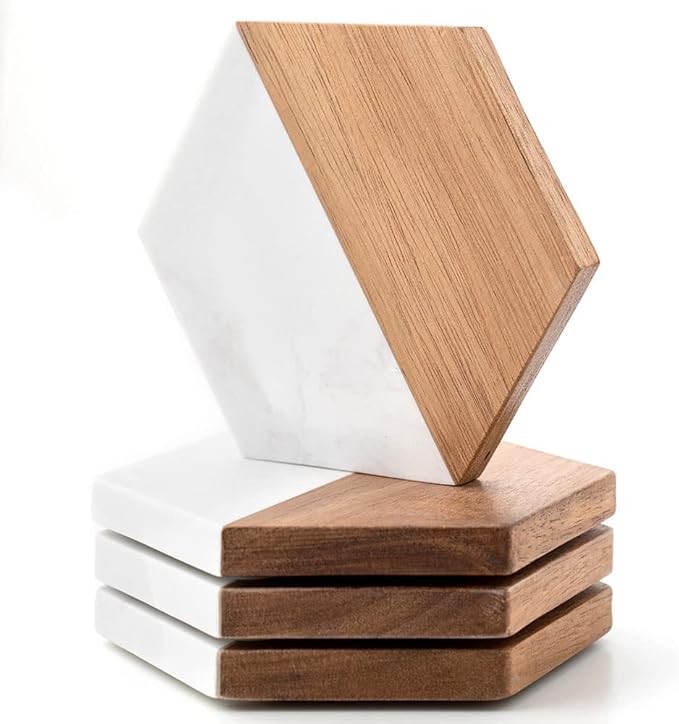 Wood Marble Coasters for Drinks, Modern Rustic Acacia Hexagon Coaster Set Decorative Bar Coaster for Living Room Coffee Wooden Table Beer Mug Christmas Housewarming Wedding Home Decor 4Pcs