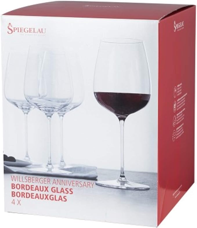 Spiegelau Willsberger Bordeaux Wine Glasses, Crystal Clear Drinking Glasses for Red Wine, Elegant Stemmed Glassware, Home Bar, Dinner Party, Wedding Gifts, Hosting Essentials, 22.4 oz, Set of 4