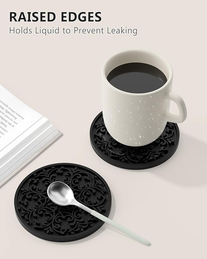 Drink Coasters, Coasters Set of 6 for Cup with Holder, Non-Slip Silicone Cup Mats for Hot and Cold Drinks, Cute Absorbent Coffee Bar Accessories Table Decor, Black