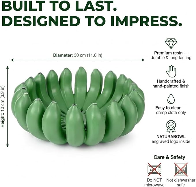 Banana fruit bowl holder 12 inch Large Basket fruit storage - Centerpiece for Kitchen,Dining Table & Entryway - Home Decor - functional fruit storage - Unique gifts ideas. (Green)