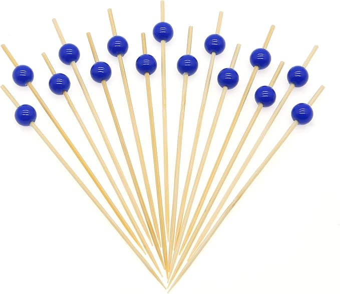 Minisland Navy Blue Pearl Cocktail Picks, 4.7 Inch Long Bamboo Fancy Toothpicks for Appetizers, Decorative Independence Day Party Food Drink Garnish Fruit Kabob Skewer Sticks 100 Counts - MSL450