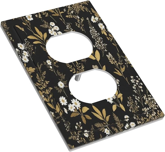 Outlet Covers Black/Gold Boho Botanical Floral Rustic Flowers 1 Gang Duplex Light Switch Cover Plate Decorative Wall Plates Electrical Switchplate Receptacle for Bathroom Kitchen Decor（2 Pack）