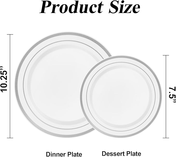 BESTSTAR 200PCS Silver Plastic Plates Set, 100 10.25 inch Dinner Plates and 100 7.5 inch Dessert Plates, Premium Disposable Plates for Party, Wedding