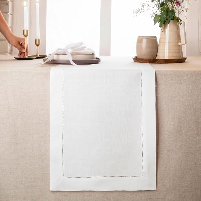 D'Moksha Homes Linen White Table Runner 60 Inches - Classic Hemstitch, 100% Pure Linen Coffee Table Runner 14 x 60 Inch Ideal for Dresser Tables, Valentines, Spring, Easter