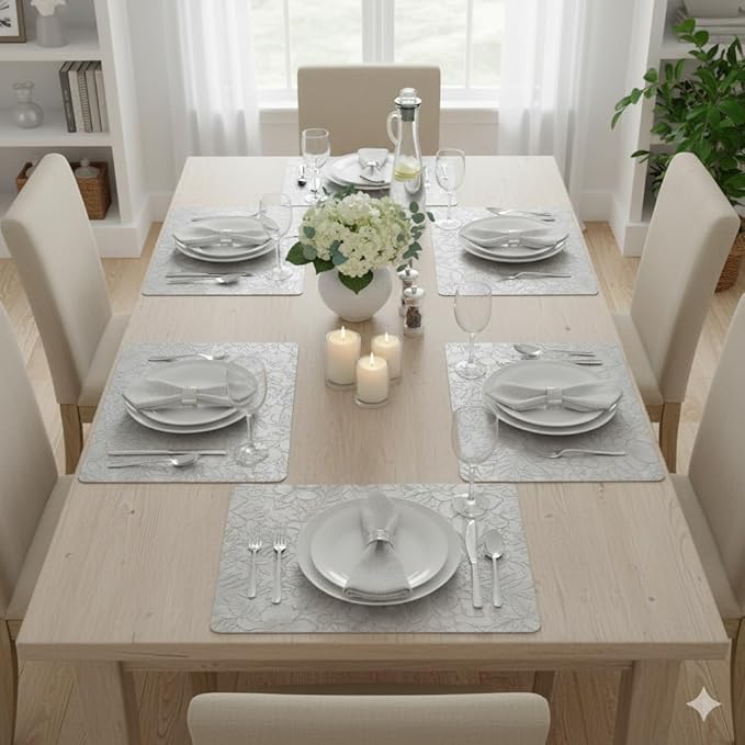 SolaraDawn Faux Leather Table Placemats Set of 4, Washable, Wipeable & Heat-Resistant Table Mats, Waterproof Dining Place Mats with Embossed Texture for Kitchen & Dining, Light Gray, 17" × 12"