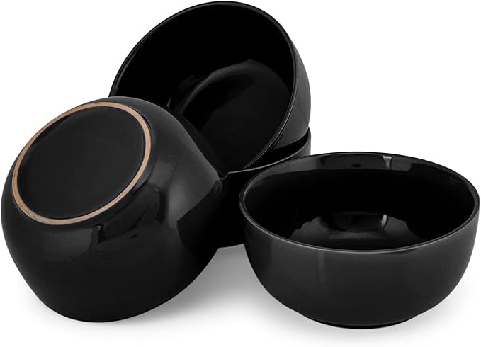 Elanze Designs Bistro Glossy Ceramic 7 inch Dinnerware Bowls Set of 4 - Perfect for Everyday uses from Pasta to Salad, Cereal to Ice cream, Ramen to Pho, Black