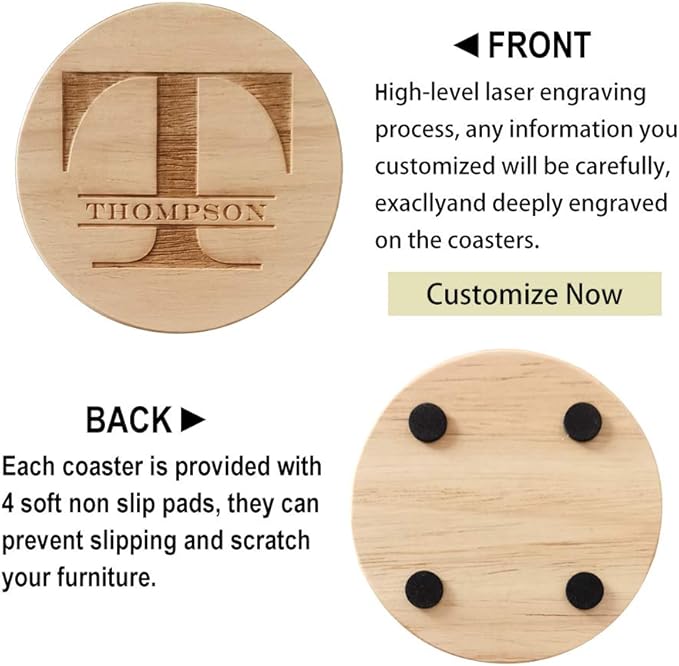 Personalized Wooden Coasters for Drinks - Custom Engraved, Monogram, Great Gifts for Relatives, Friends or Yourself (T, Set of 6)
