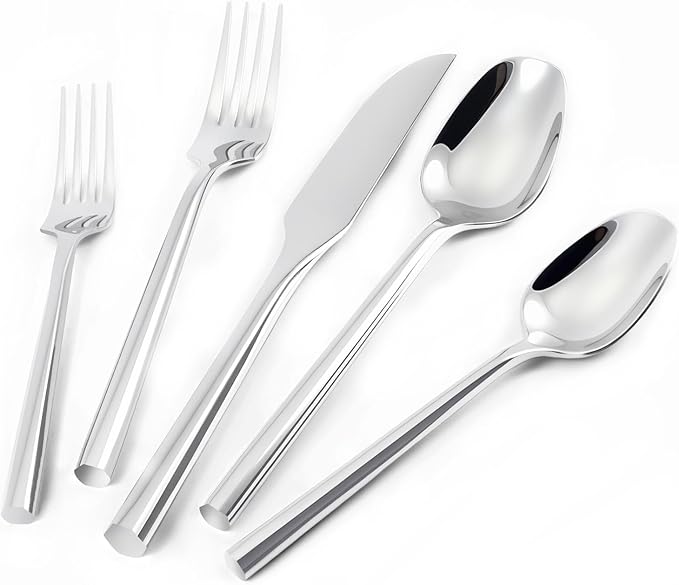 Silverware Set 40-Piece Hand Forged Stainless Steel Cutlery, Mirror Silver Thick Hexagon Handle Flatware Sets, Service for 8
