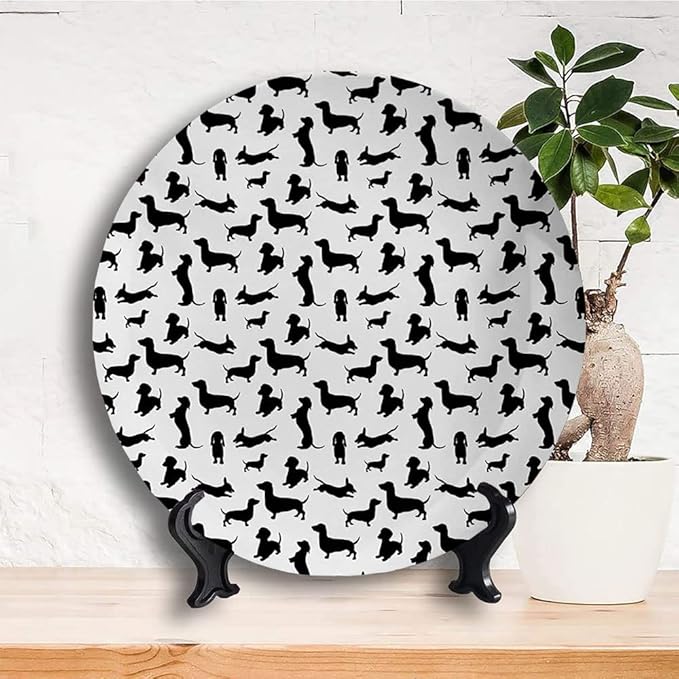 Ceramic Plates, Dog Lover Decorative Ceramic Plates, Monochrome Dachshunds in Numerous Stances Active Life, 6 Inch, for Dining, Parties, Wedding, Black White