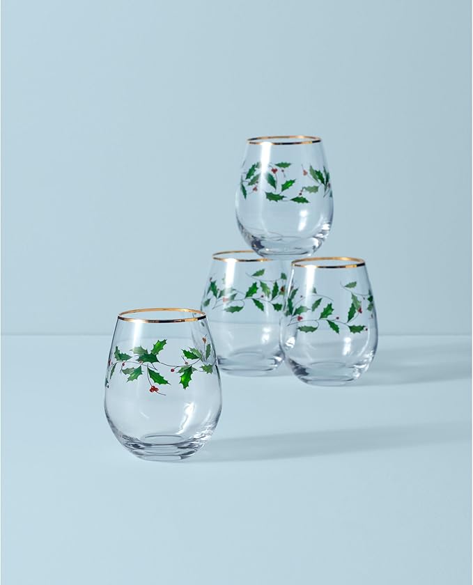 Lenox 888202 Holiday 4-Piece Stemless Wine Glasses, Christmas Drinkware Set, Hosting