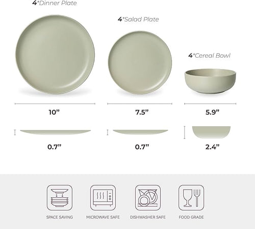 12-Piece Stoneware Dinnerware Set with Mugs | Microwave and Dishwasher Friendly | Stackable Matte Glaze Plates & Bowls | Service for 4