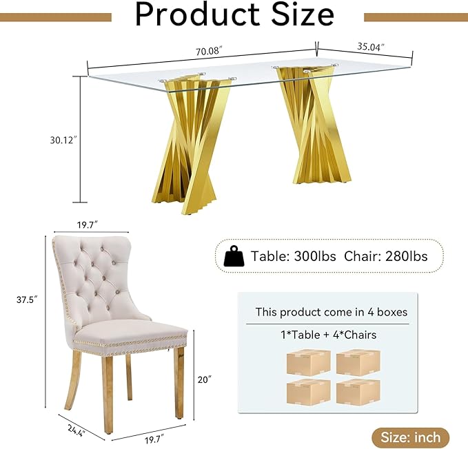5 Piece Glass Dining Table Set,70" Dinner Room Glass Table Set for 4,Modern Kitchen Dinner Table Set with Stainless Steel Base and 4 Upholstered Velvet Dining Chairs for Living Dining Room