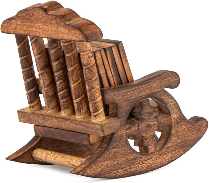 Wooden Coasters Set of 6 (Unique Chair Design) - Wood Coasters for Drinks - Square Design is Perfect for Coffee Table, Dining Table & Bar Use - Premium Drink Coasters Small Size