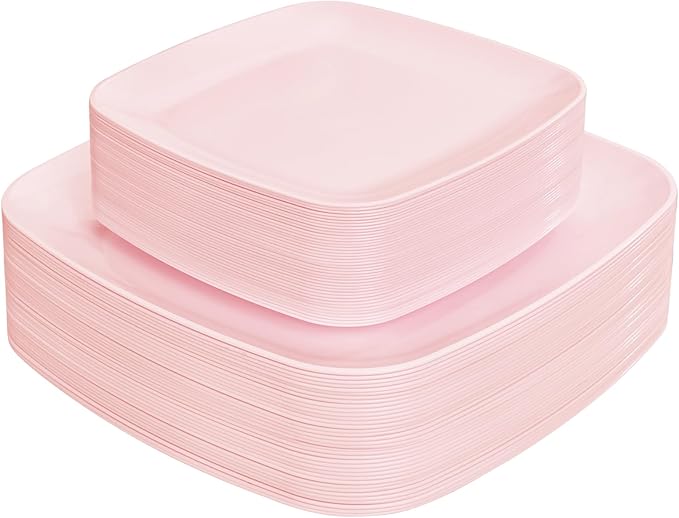 PULOTE 60PCS Pink Square Plastic Plates Disposable - Premium Quality Pink Set Include 30 Dinner / 30 Dessert Plates for Party, Wedding & Valentines Day