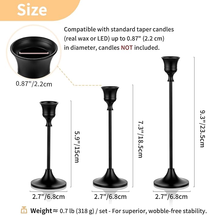Nuptio 3 Pcs Black Candlestick Holders Taper Candles Holder Candle Stick Holder for Dining Table Halloween Candle Holders for Tapered Candles Decorative Centerpiece for Christmas Party Housewarming