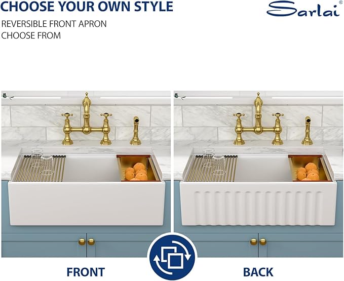 Sarlai White Farmhouse Sink - 30 Inch Farm Kitchen Sink Undermount Workstation Apron Front Reversible Ceramic Fireclay Single Bowl Farmer Sinks Basin 30 x 20 Inch With Gold Accessories