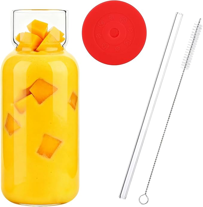 Glass Cup with Silicone Lid and Straw, 23 Oz Drinking Glasses Water Bottle Vintage Glassware for Iced Coffee, Juice, Cocktails, Whisky Tumbler for Gift 1 Pack