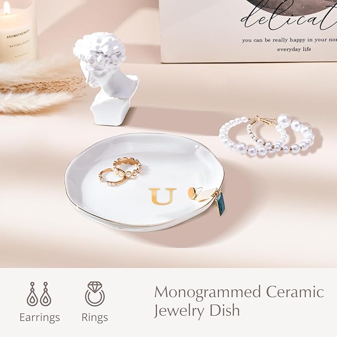 ProCase Ceramic Jewelry Tray, Initial Ring Dish Trinket Plate Engagement Gift, Small Personalized Monogram Ring Bowl for Wedding, White Decorative Jewelry Holder for Women Vanity -Letter U