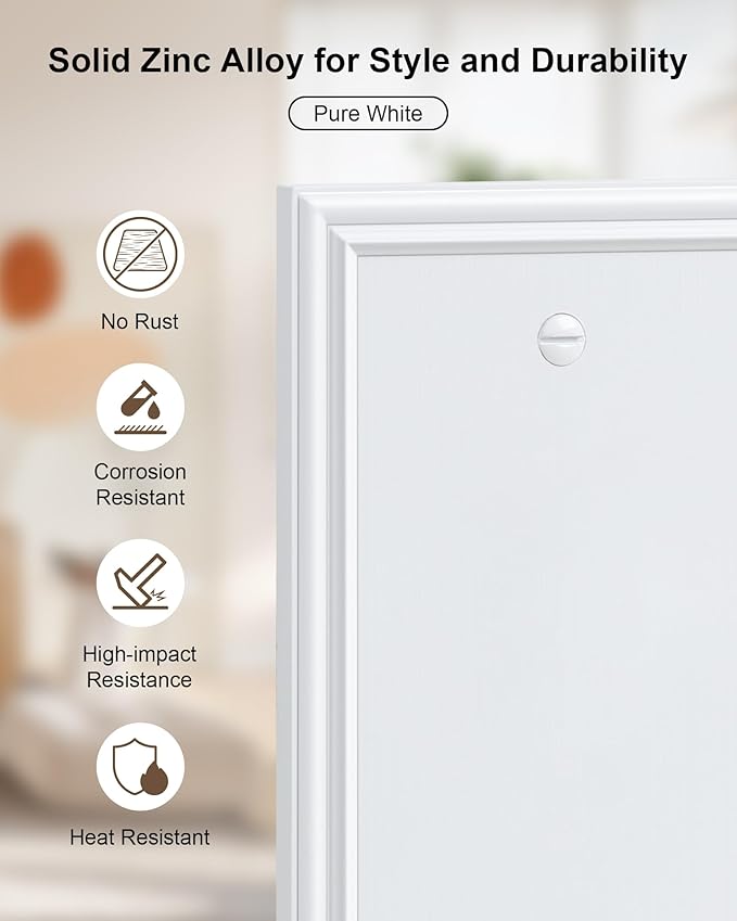 2-Pack Single Blank Wall Plates, Durable Solid Zinc Alloy Blank Outlet Covers, Decorative Pure White Wall Plate Cover for Unused Outlets/Switches, Corrosion Resistant
