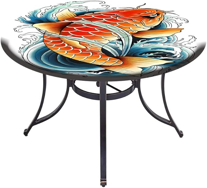 Small Round Tablecloth, Koi Fish Washable Polyester Table Cloth for, Tattoo Style Japanese Wave, Fit Round Tables 44inch Diameter, for Wedding Party Dining Banquet Use, Multicolor