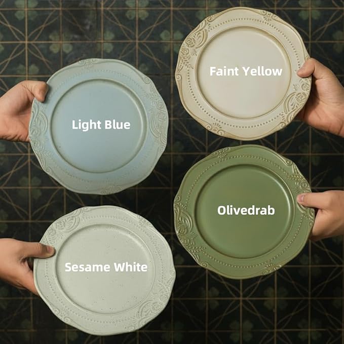 salad plates set of 4, 10.5 inch Reactive Glaze Stoneware Dinner Dish Set for Dessert, Salad, Appetizer, platos de ceramica Dishwasher & Oven Safe, Scratch Resistant-Olive-drab Green