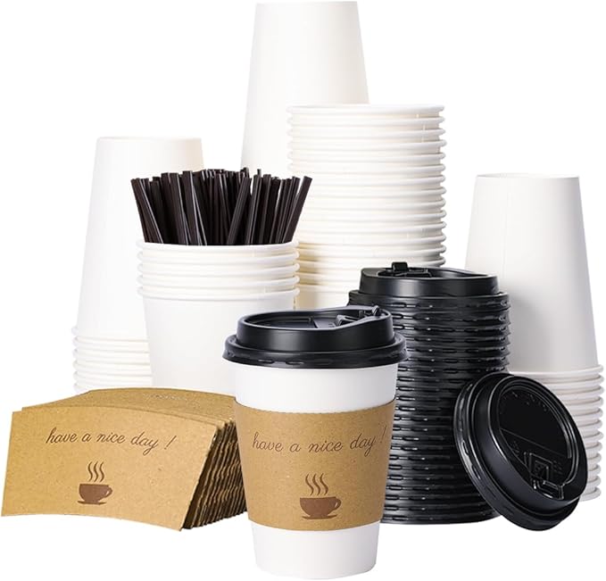 500 pack 12 oz Disposable Coffee Cups with Lids,To Go Coffee Cups for Home, Office, Cafes and Party (White 12oz)