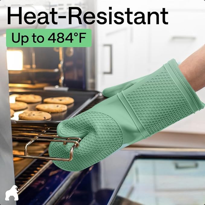 GORILLA GRIP BPA-Free Soft Silicone Oven Mitts, Heat Resistant and Waterproof Cooking Gloves, Thick Cotton Lining, Flexible Gripping for Baking Grilling, Kitchen Potholders Set of 2, 12.5x8.3, Mint