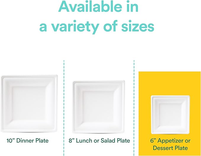 ECO SOUL Compostable Square Paper Plates 6 Inch (100 Count) Small Plates for Dessert, Heavy Duty, Eco-Friendly Sugarcane Bagasse For Appetizer- White