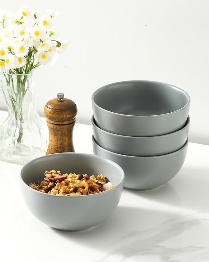 Cereal Bowls Set of 4, 24 oz Bowls for Kitchen, Ceramic Bowls for Salad, Fruit, Breakfast, Dessert, Stoneware Soup Bowls, Dishwasher & Microwave Safe, Pebble Gray