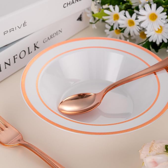 50pc Deep Bowl With White ground And Double Rose Gold Edges, 12oz,Disposable Soup Bowls,Disposable Soup Dessert Salad Bowls for Wedding/Party/Catered Events/Valentine's Day