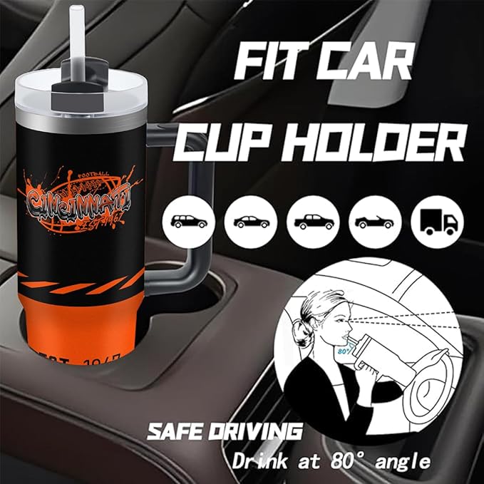 Cincinnati 30 oz Tumbler with Handle and Straw,Car cup,Coffee Mug,100% Leakproof Insulated Tumbler with Lid and Straw,Made of Stainless Steel,Cup Holder Friendly Base,Classic Collection Gifts for Fans