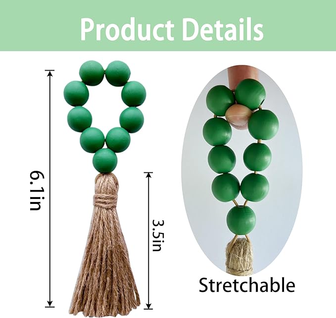 Napkin Rings Set of 12,Wooden Napkin Ring,Wood Bead Elastic Farmhouse Napkin Holder with Tassel,Boho Napkin Rings for Table Decor,Weeding,Dinner,Party (Green)