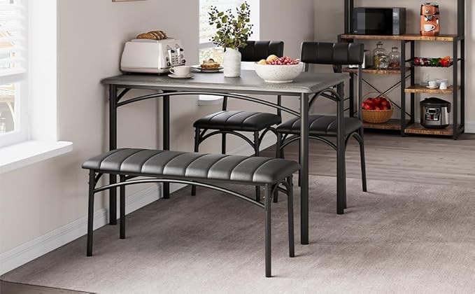 4-Piece Small Dining Table Set – Wood Table with 2 Upholstered Chairs & Bench, Space-Saving Retro Kitchen Dining Set for Small Apartment/Dining Room, Gray