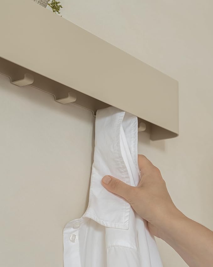 Kazai.® Coat Rack Wall Mount with Shelf 'Tone' | Modern Design Coat Hanger with Hidden Hooks and Storage | Hat Rack with Shelf in Metal | Wall-Mounted Purse Organizer | Taupe