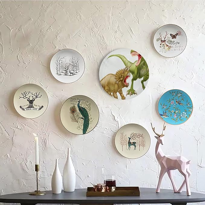 Ceramic Display Plate, Dinosaur Ceramic Hanging Decorative Plate, Rex Versus Triceratops Scaring Each Other, 10 Inch, Living Room Kitchen Decoration Household, Green Pink Pale Brown