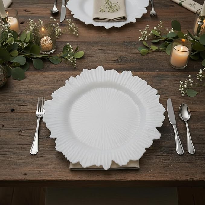 LOYALHEARTDY 24 Pack 13 Inch White Charger Plates, Plastic Reef Textured Rim Round Decorative Underplates for Wedding, Party, Dinner Table