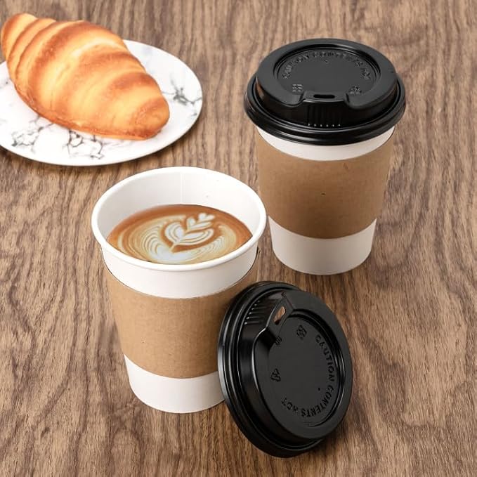 RACETOP 12 oz 100 Pack Disposable Paper Coffee Cups with Lids and Sleeves, Hot Cups, Paper Cups with Lids, Ideal for Home/Office