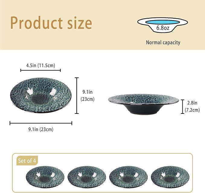 Ceramic Pasta Bowls, 6.8 oz Pasta Plates, Reactive Glaze Pasta Bowl Set of 4, Large Wide Serving Bowls for Salad, Dessert, Fruit, Microwave & Dishwasher, Oven Safe