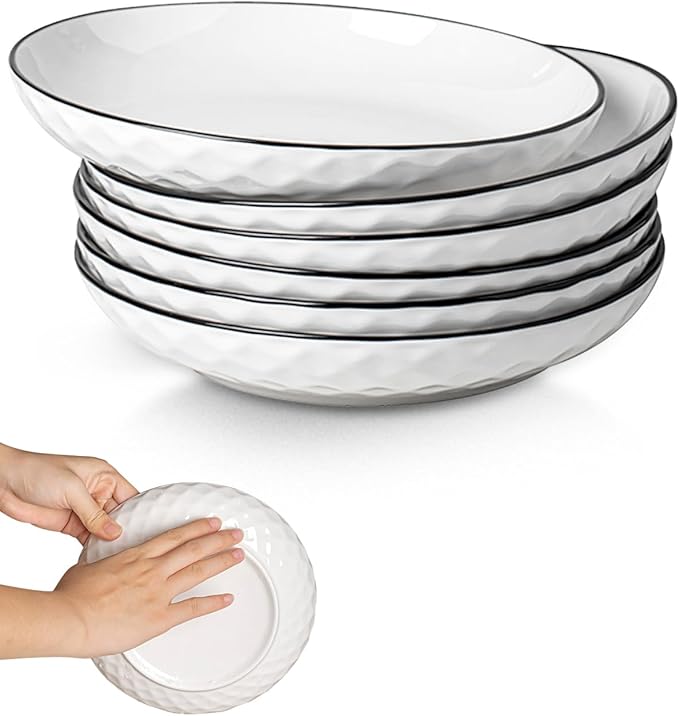 Yeacccng White Pasta Bowls Set of 6, 24oz Ceramic Salad Bowls, 8 inch Shallow Serving Bowls for Pasta, Salad, Oatmeal, Fruit, Easy to Clean, Dishwasher & Microwave Safe, Scratch-Resistant, Lead-Free