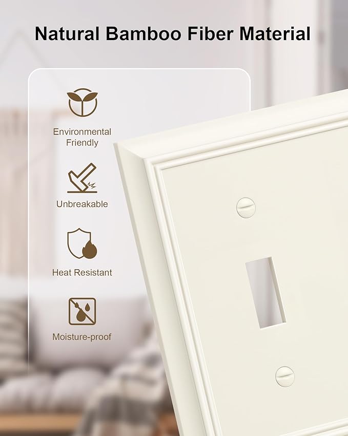 2-Pack Quad Toggle Light Switch Cover Plate, Almond Decorative Switch Plate Covers, Natural Bamboo Fiber 4 Gang Wall Plate for Toggle Light Switch and Rotary Dimmer Switch